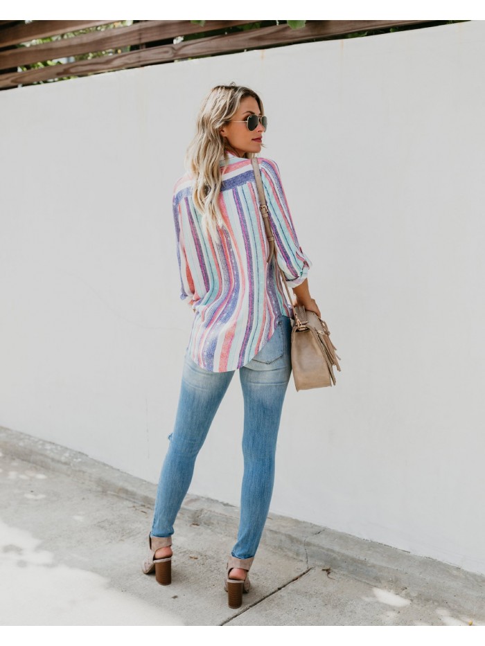 Fashion Womens Long Sleeve Harajuku Shirt Colours Rainbow Striped Blouse Casual Summer vintage