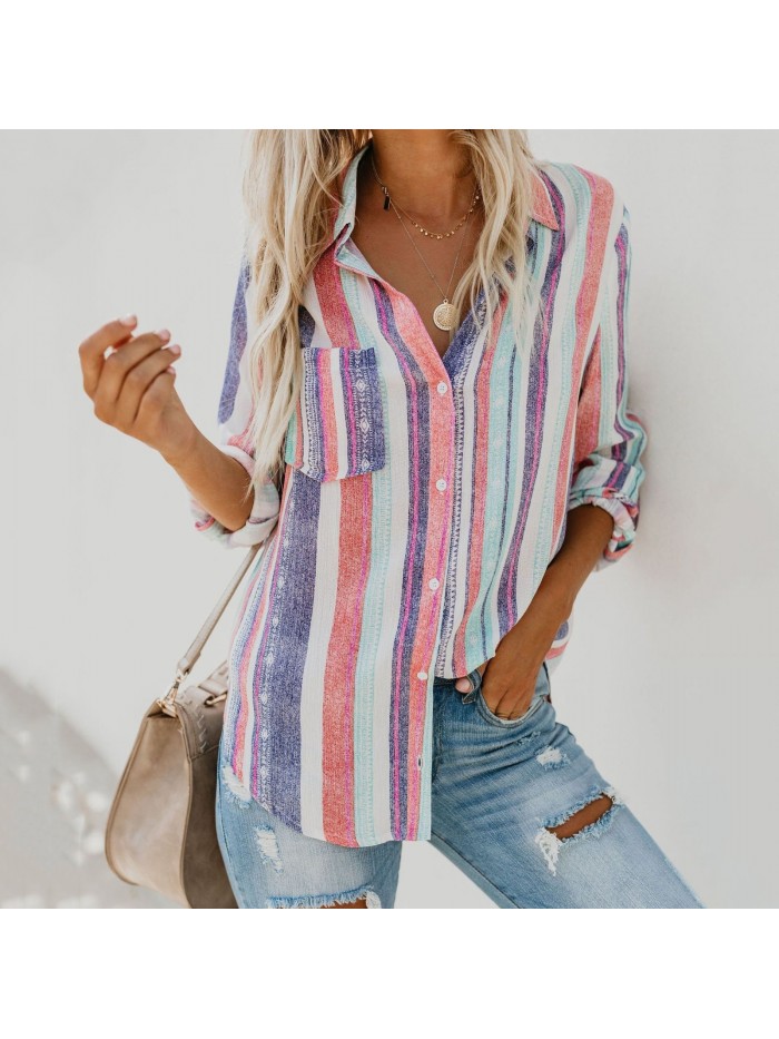 Fashion Womens Long Sleeve Harajuku Shirt Colours Rainbow Striped Blouse Casual Summer vintage
