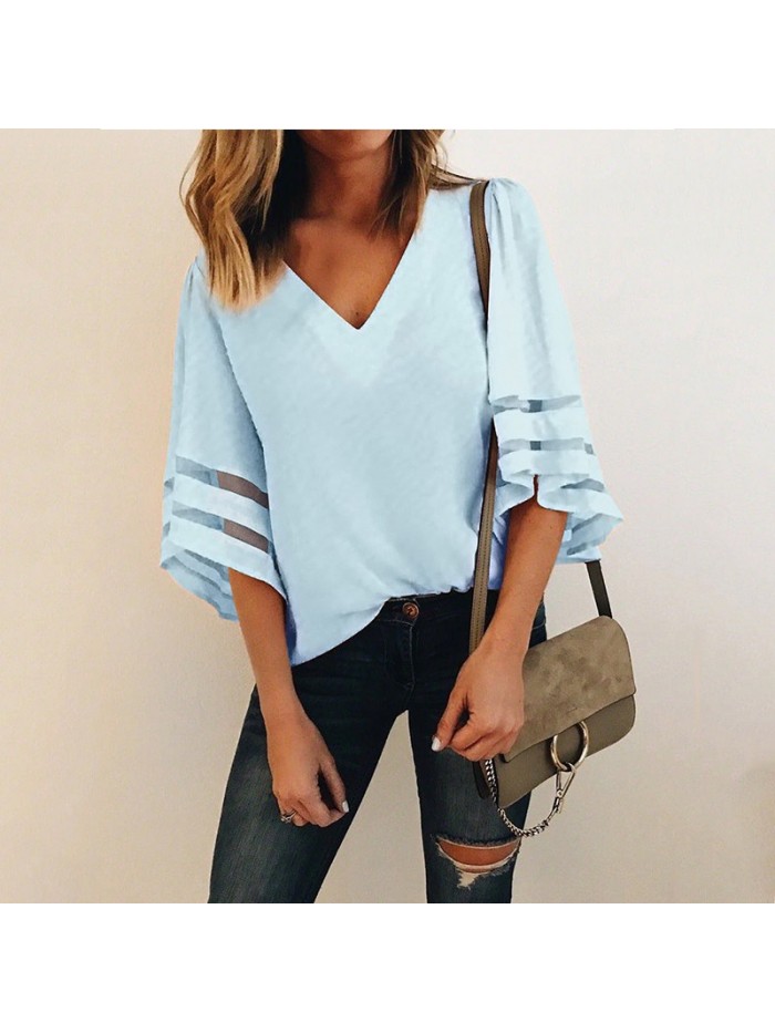 2018 Female Sexy V Neck Loose Chiffon Blouse Skirt Women Summer Long Sleeve Office Tulle Tops Polo Shirts Womens