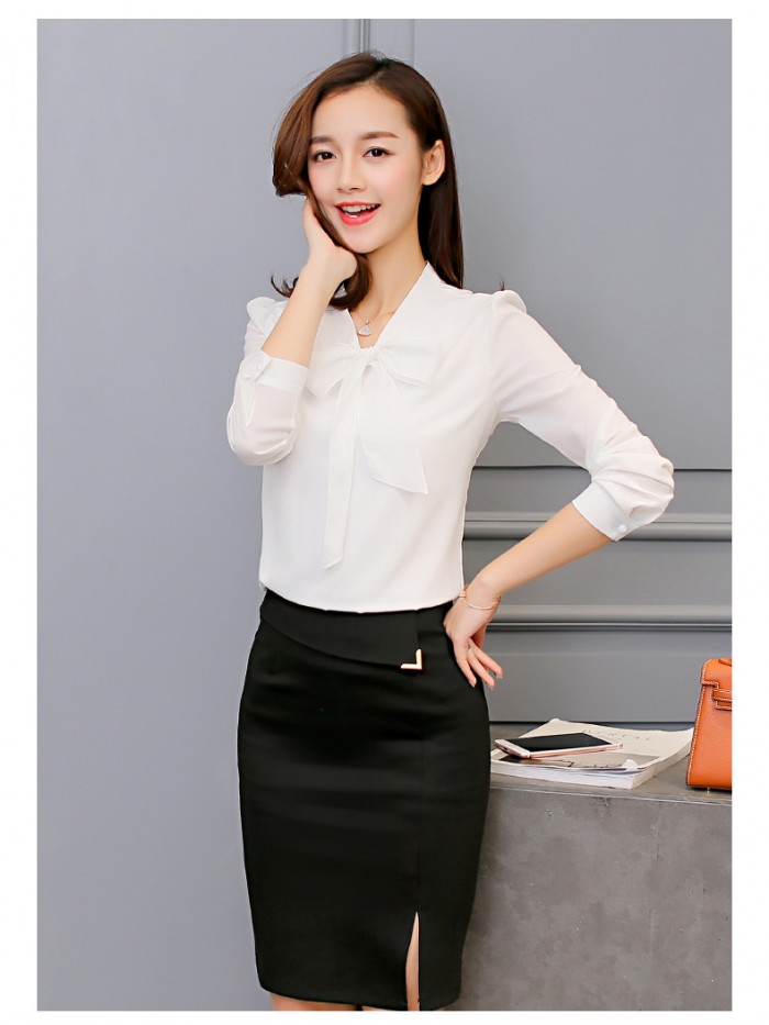 New Spring Summer Blouse Women Long Sleeve Shirts Fashion Leisure Chiffon Shirt Bow Office Ladies Pink White Tops