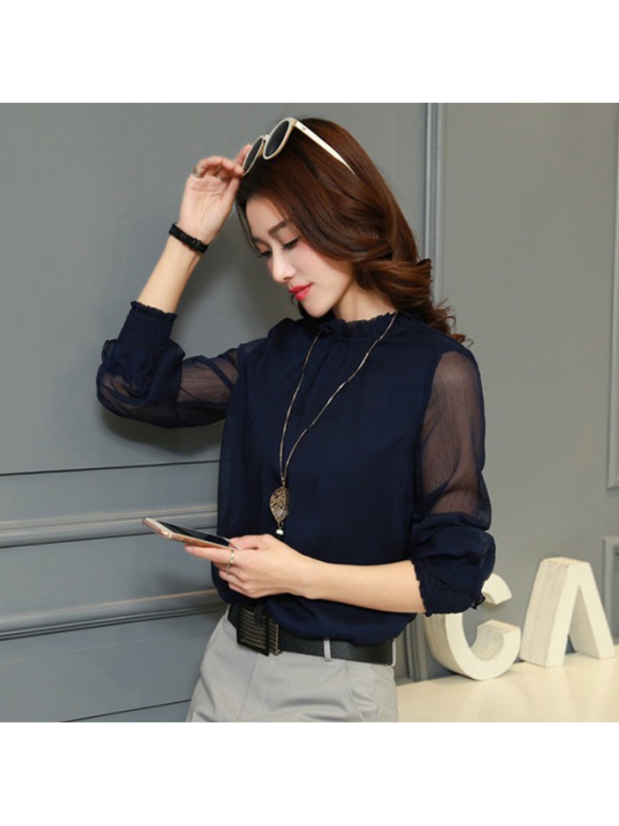 Chiffon Blouse 2018 New Women Tops Long Sleeve Stand Neck Work Wear Shirts Elegant Lady Blouses Casual Solid Color