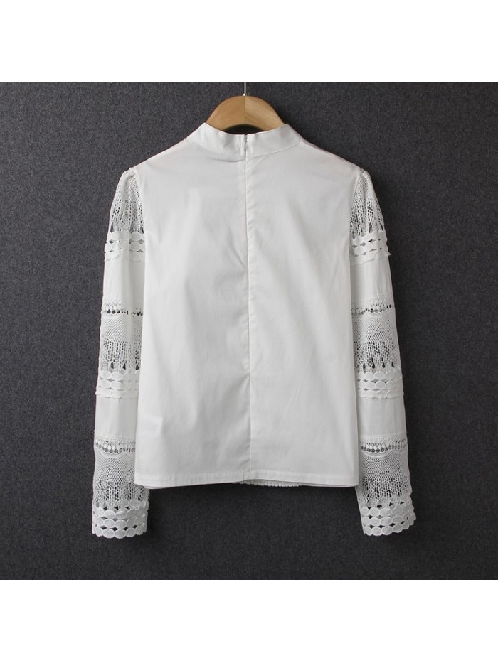 New Women Blouses Slim Bottoming Long-sleeved White Shirt Lace Hook Flower Hollow