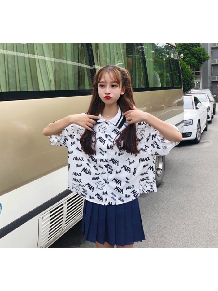 Letter Print Women Blouse Short Sleeve Women Shirts Casual Turn Down Collar Blouse Female