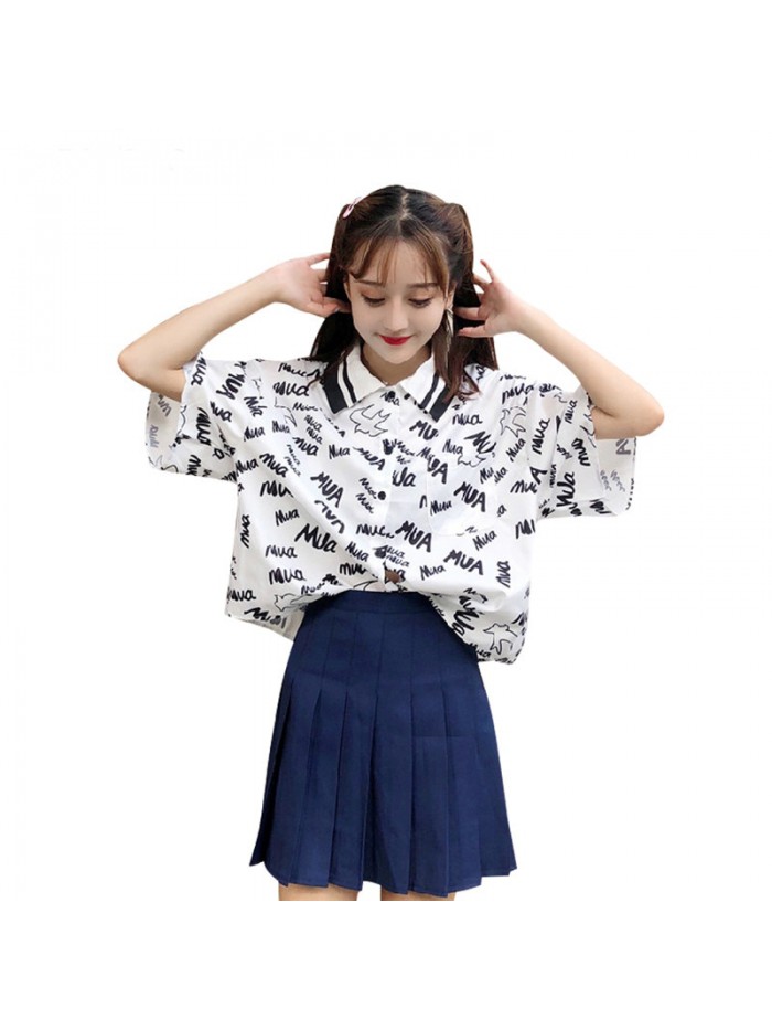 Letter Print Women Blouse Short Sleeve Women Shirts Casual Turn Down Collar Blouse Female