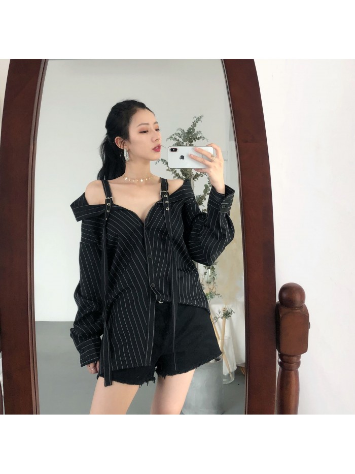 Punk Gothic Off Shoulder Blouse Shirt 2018 Women New Korean Fashion Sexy Strapless Long Sleeve Vertical Striped Shirts