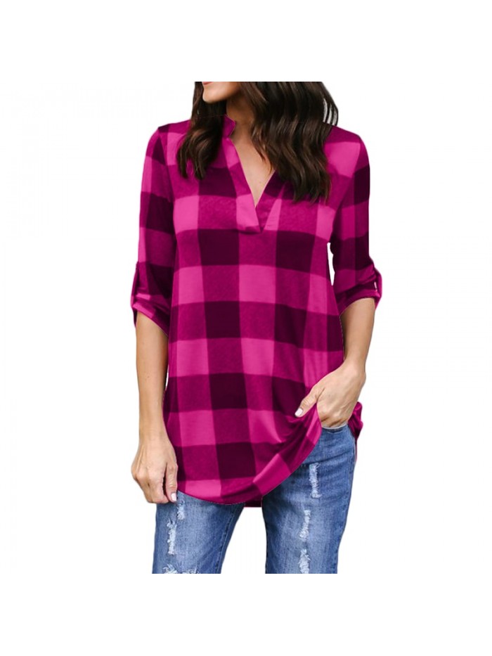 Plaid Loose Shirt V Neck Long Sleeve Roll-up Oversize Long Blouse Casual Top