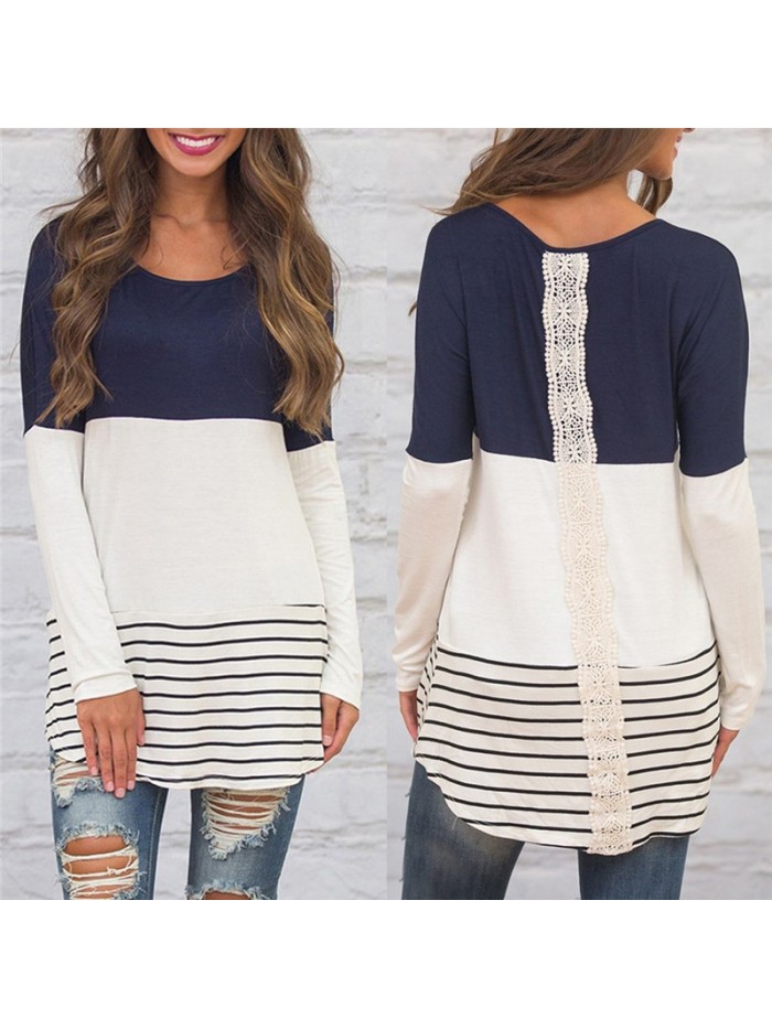 Womens Tops and Blouses 2018 Fashion Back Lace Blouse Striped Long Sleeve Blouse Tunic Shirt Jumper