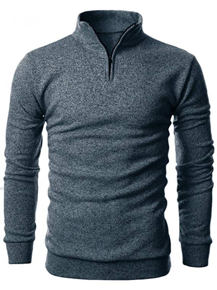 Mens Slim Fit Cable Knit Quarter Zip Long Sleeve Turtle Neck Pullover Sweater