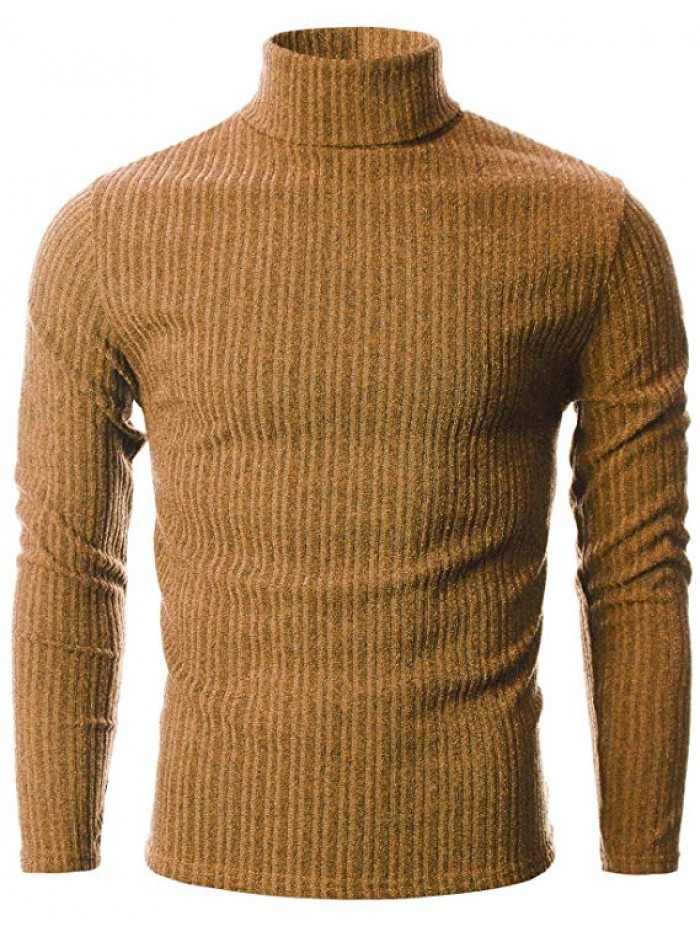 Mens Slim Fit Wide Ribbed Cotton Blend Turtleneck Pullover