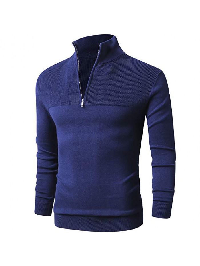 Mens Slim Fit Zip Up Mock Neck Polo Sweater Casual Long Sleeve Sweater and Pullover Sweaters with Ribbing Edge
