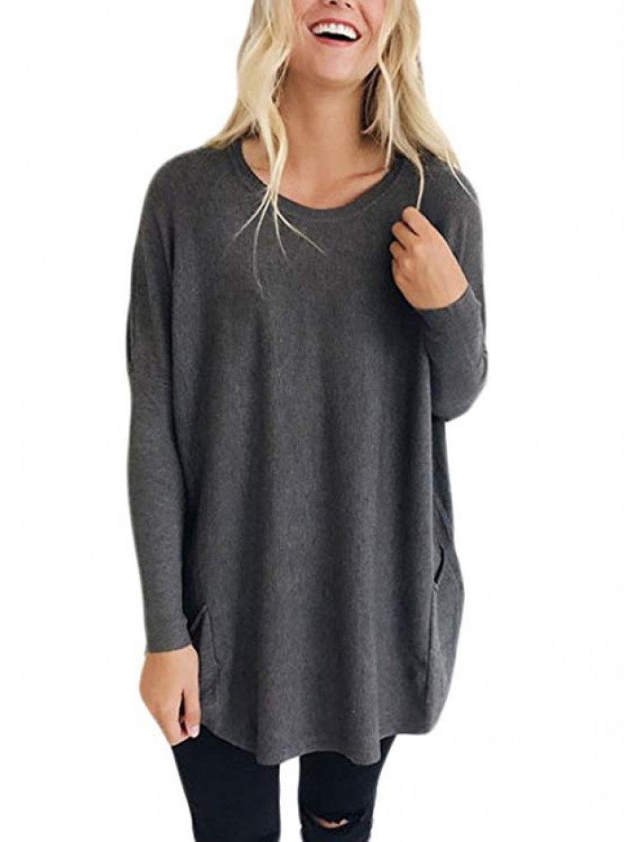 Women's Pockets Long Sleeve Round Neck Pullover Sweater Knit