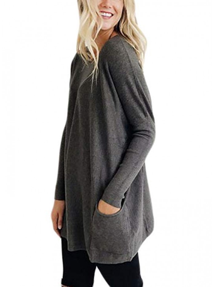 Women's Pockets Long Sleeve Round Neck Pullover Sweater Knit
