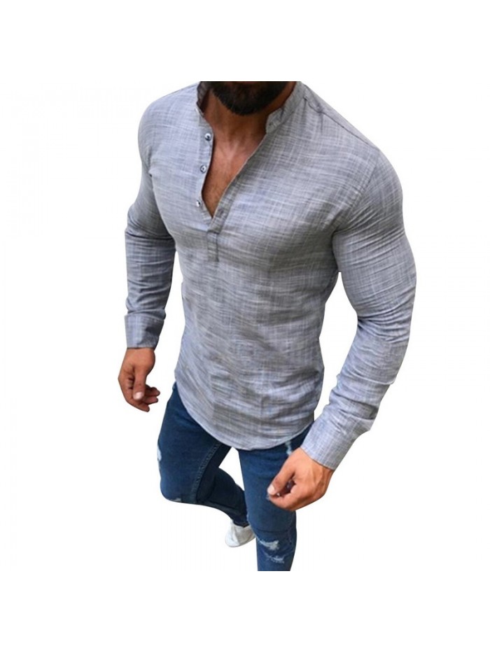 Linen T-Shirts Men Fashion Long Sleeve Stand Collar Button Tee Shirts Men Slim Tee Top Male Streetwear