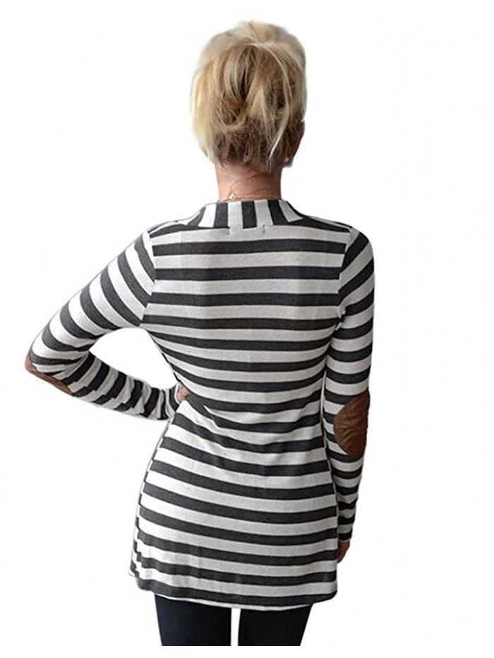 Women's Black White Elbow Patch Shawl Collar Summer Striped Open Front Cardigan Sweaters Coat Outwear