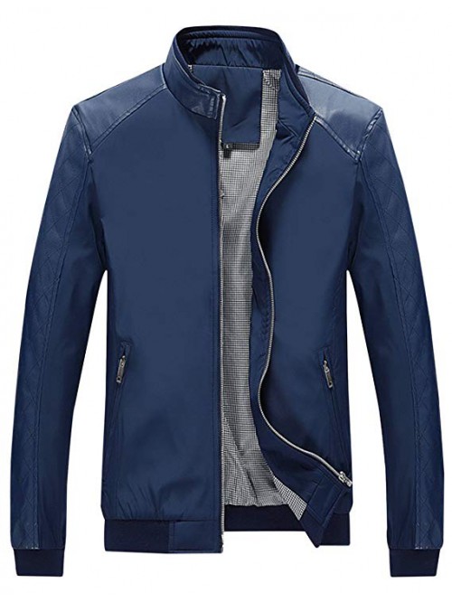 Men's Casual Stand Collar Slim Leather Sleeve Bomb...