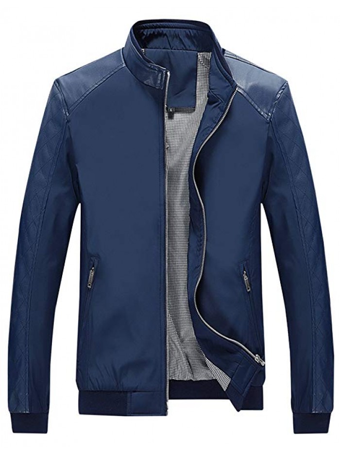 Men's Casual Stand Collar Slim Leather Sleeve Bomber Jacket