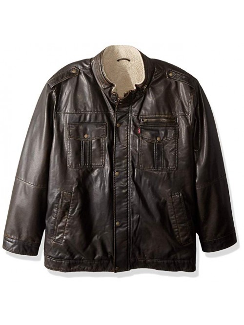 Men's Vintage Deer Faux Leather Sherpa Military Ja...