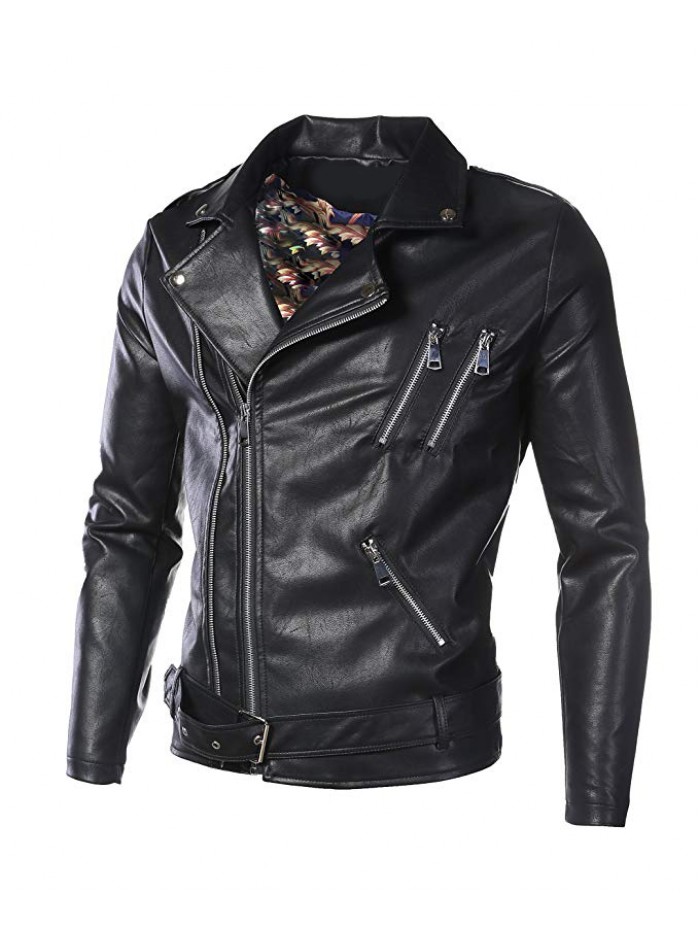 Men's Classic Faux-Leather Biker Zipper Jacket Coat